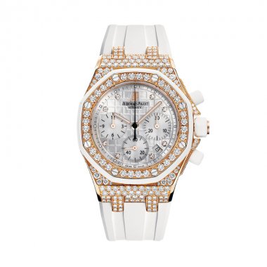 Đồng Hồ Audemars Piguet Royal Oak Ladies Offshore Chronograph Rose Gold Diamonds White 37mm Dial Rubber Strap 26092OK.ZZ.D010CA.01