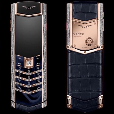 Vertu Signature S Rose Gold Paves Diamonds Navy Alligator