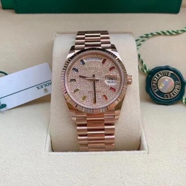 Rolex Day-Date 36 Rose Gold Diamond Paved Rainbow Colored Sapphires Dial & Fluted Bezel President Bracelet 128235