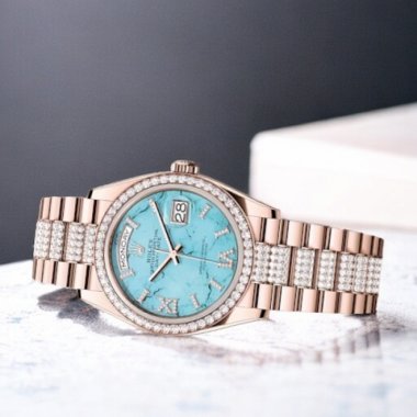 Đồng Hồ Rolex Day-Date 36mm 128345RBR Mặt Số Đá Xanh Dây Đeo President Nạm Kim Cương