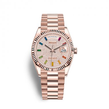 Rolex Day-Date 36 Rose Gold Diamond Paved Rainbow Colored Sapphires Dial & Fluted Bezel President Bracelet 128235